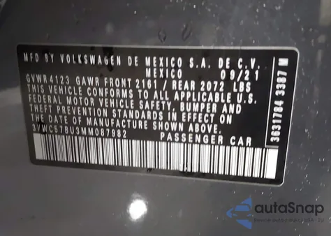 2021 Volkswagen Jetta 1.4T R-Line/1.4T S/1.4T Se z USA, uszkodzony, nr VIN 3VWC57BU3MM087982